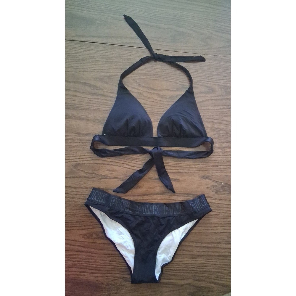 Victoria's Secret Pink Black Bikini Swimsuit Medium Swim Set top & bottom